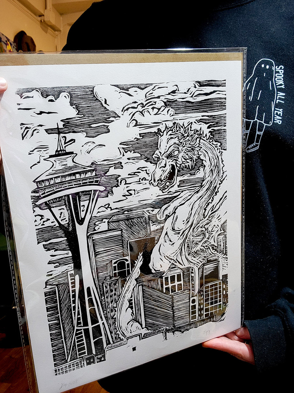 Kaiju Dragon in Seattle - Linoleum Block Print