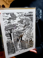 Kaiju Dragon in Seattle - Linoleum Block Print