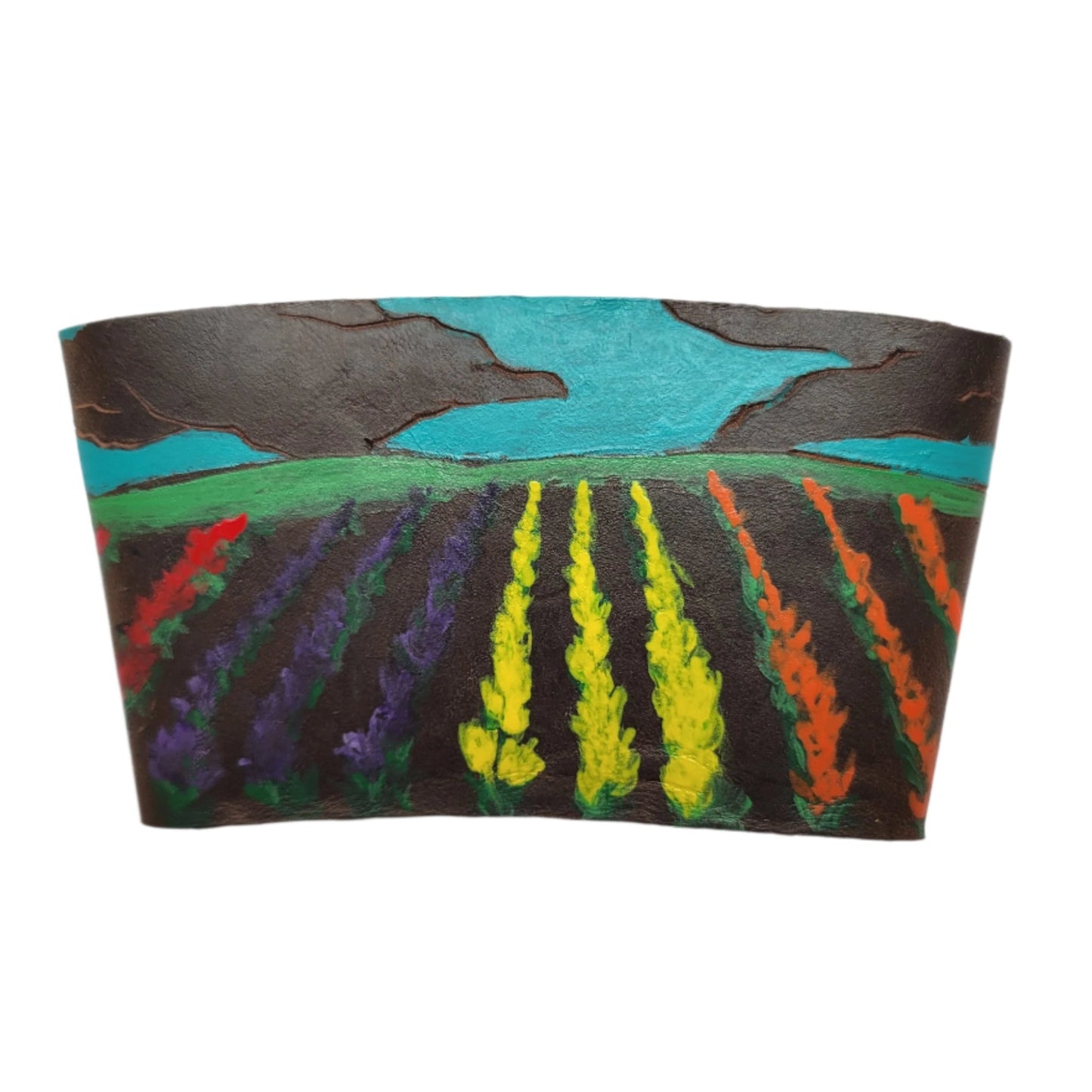 Leather Coffee Sleeve with tulip fields painted on it.