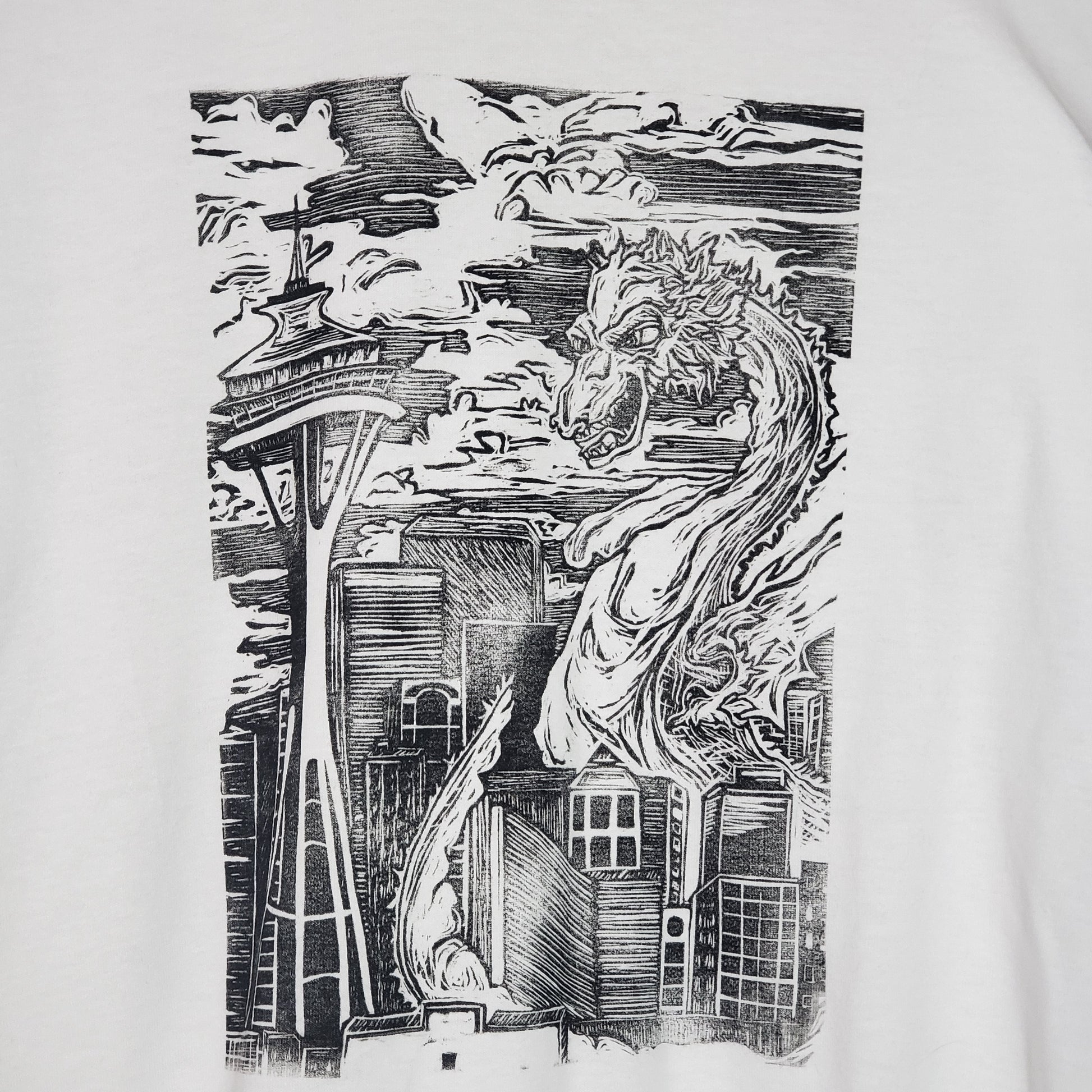 Seattle Dragon & Space Needle - Hand Printed White Tee - Strange in Nature