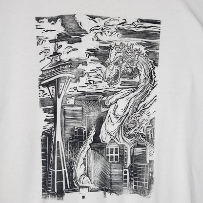 Seattle Dragon & Space Needle - Hand Printed White Tee - Strange in Nature