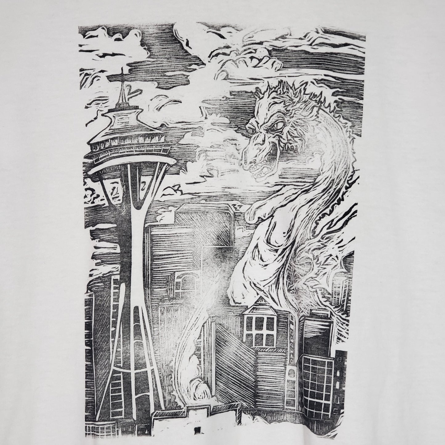 Seattle Dragon & Space Needle - Hand Printed White Tee - Strange in Nature