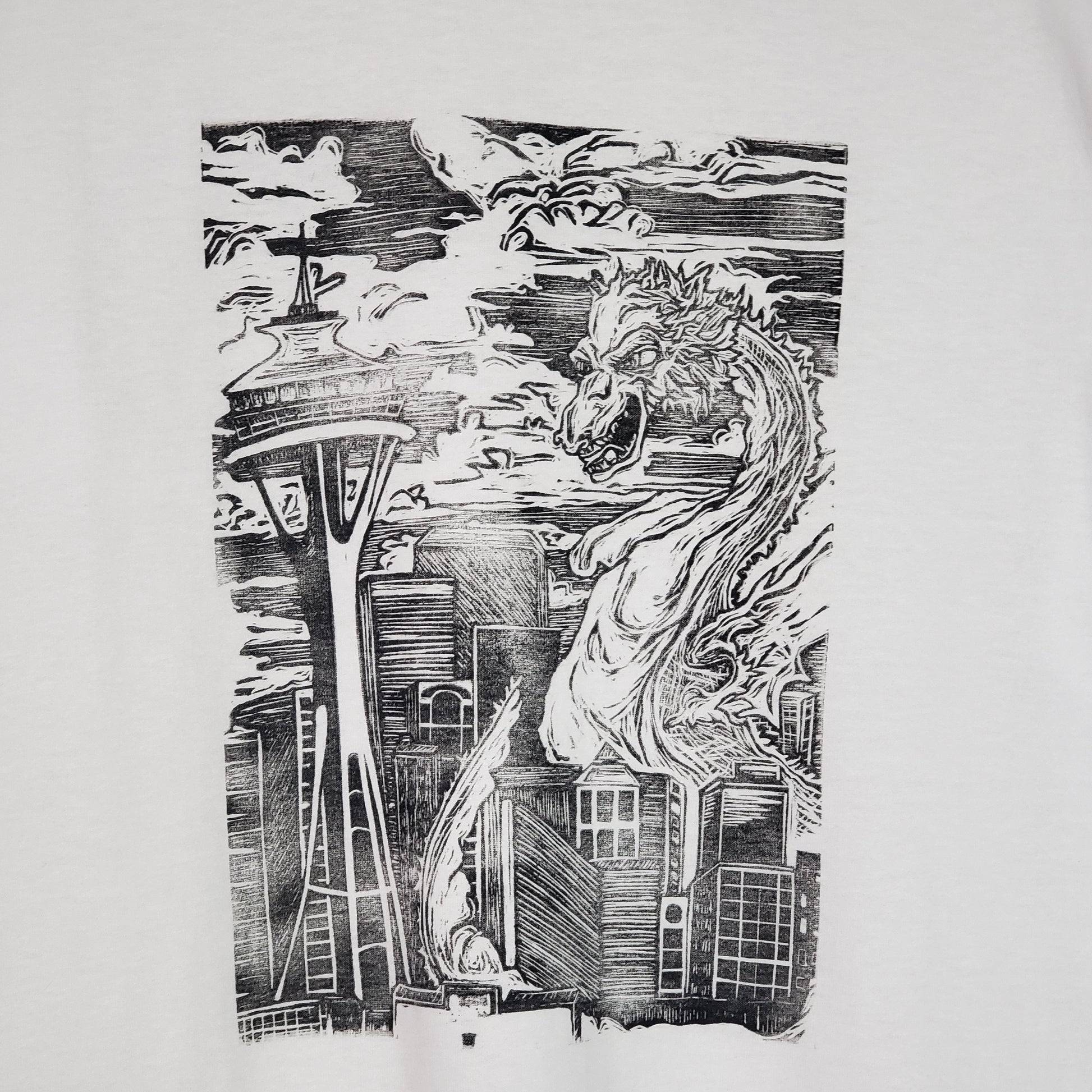 Seattle Dragon & Space Needle - Hand Printed White Tee - Strange in Nature