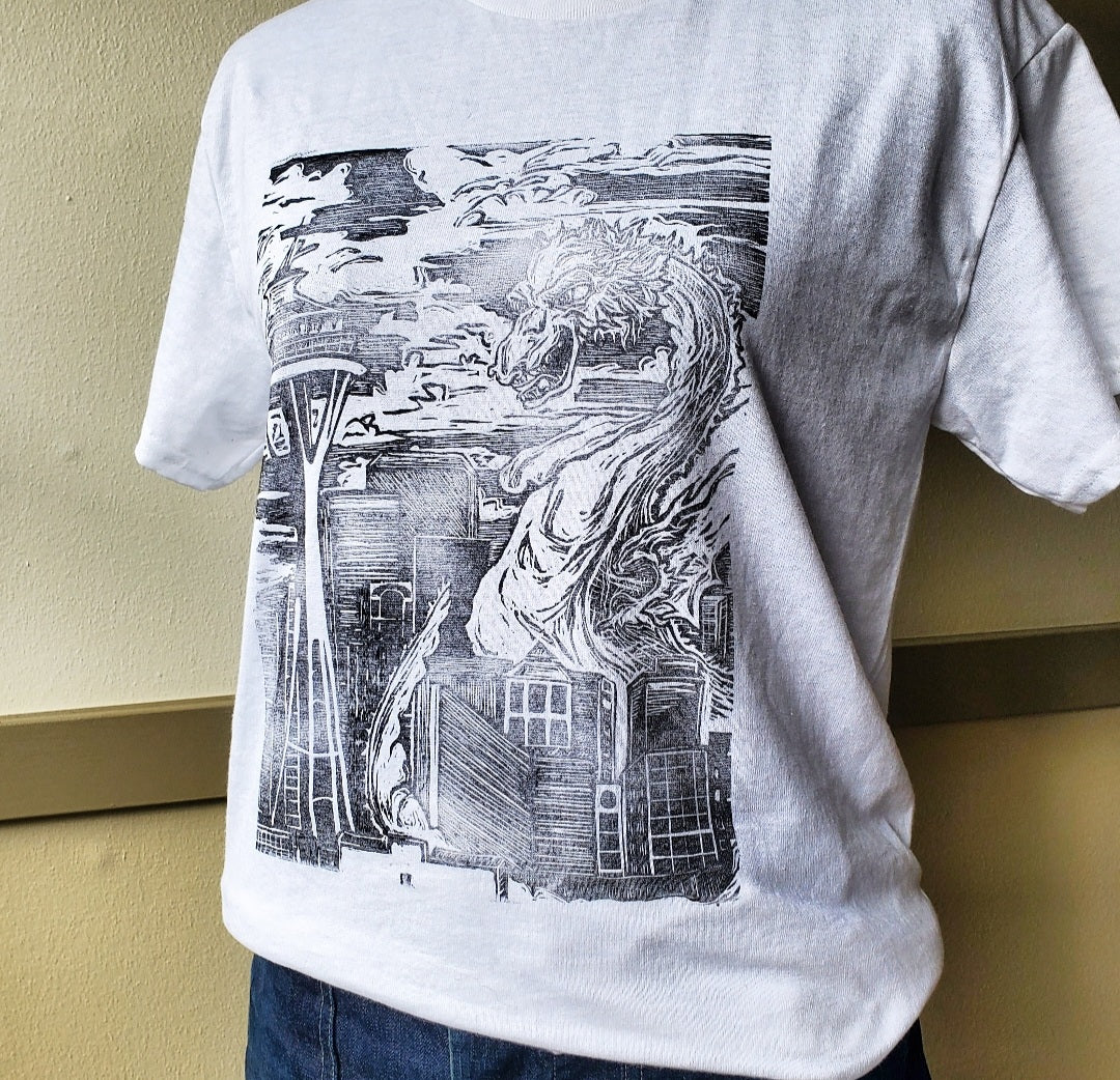 Seattle Dragon & Space Needle - Hand Printed White Tee - Strange in Nature