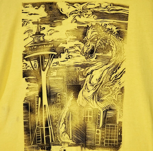 Seattle Dragon & Space Needle - Hand Printed Yellow Tee - Strange in Nature